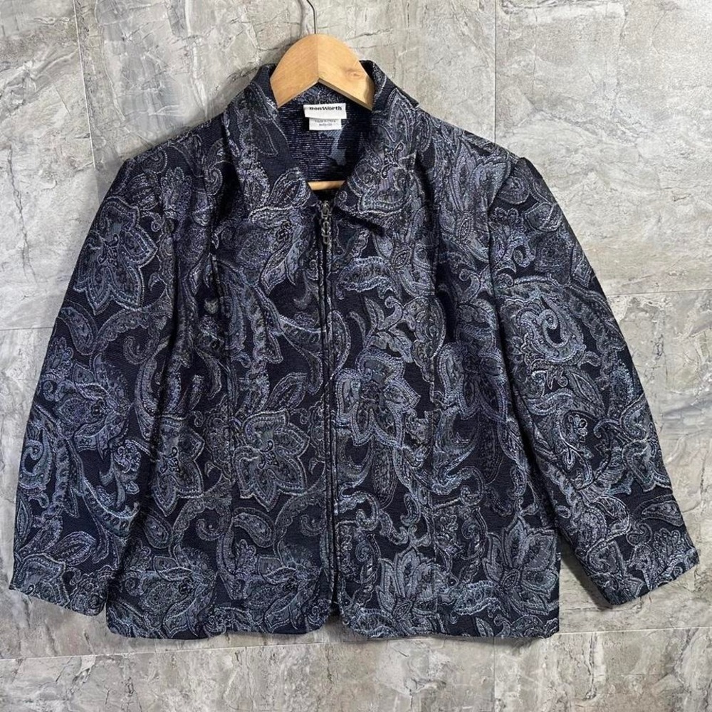 Vintage BONWORTH Paisley Blue Gray Embroidered Floral‎ Jacket Zip Petite Medium